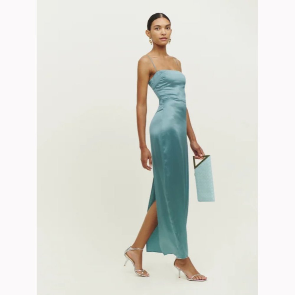 NWOT Reformation Frankie Silk Dress in Verdigris Blue Maxi Sleeveless